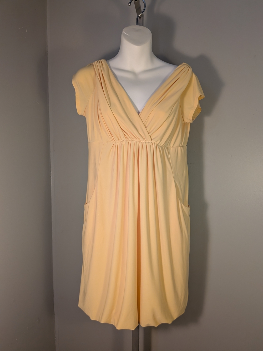 Vintage Essentials by A.B.S Yellow Draped V-Neck Bubble Dress w/ Pockets M